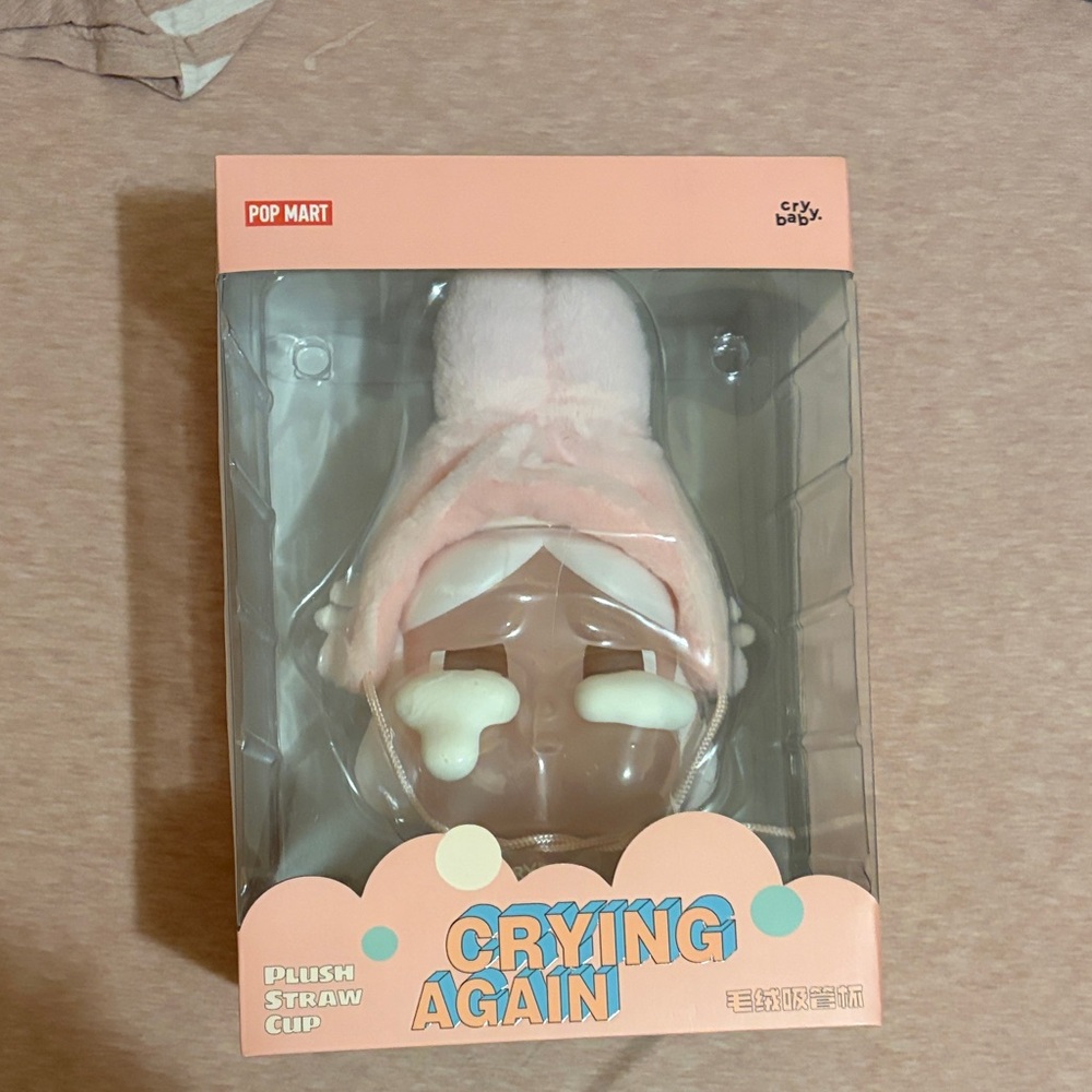 Pop Mart Crying Again Plush Straw Cup - Pink and White